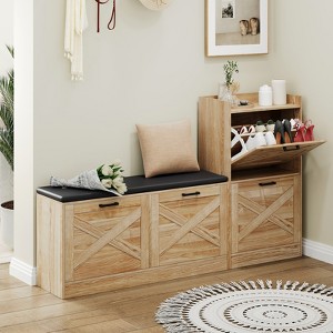 Bench with 4 flip-up drawers and padded seat cushion, Wooden narrow shoe storage rack, Suitable for living room entryway bench - 1 of 4