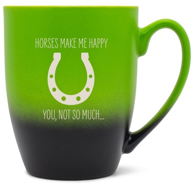 100 North Horseshoe Design 10 Ounce Green and Black Two Toned Ombre, Comfortably Fits Your Hands, Ceramic Tea Coffee Cup Mug, Horses make me happy,