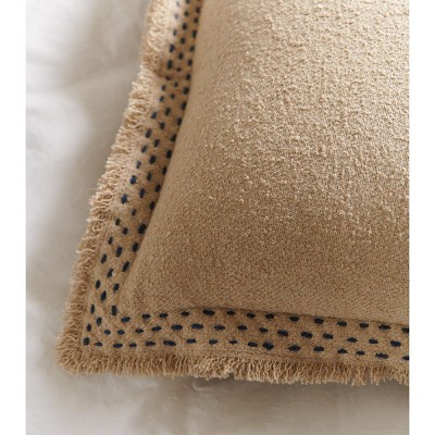Beige Hand Quilted Cotton Pillow with Navy Embroidery
