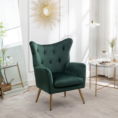 Green Velvet Button-Tufted Wing Back Accent Chair with Wood Legs