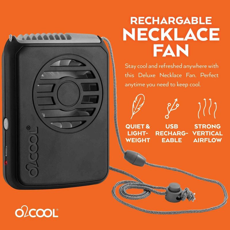 O2COOL Rechargeable Deluxe Necklace Fan with USB Cord Black, 2 of 8