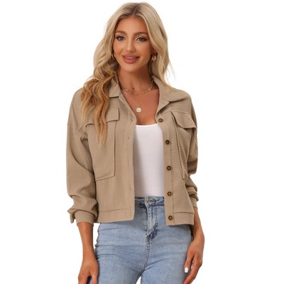 Allegra K Women's Lapel Collar Drop Shoulder Pockets Button Down Waffle Shirt  Jackets Khaki Small : Target