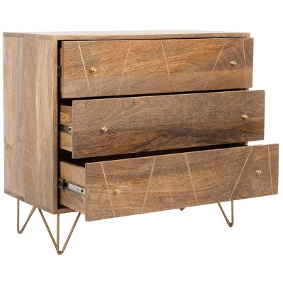 Transitional 32'' Natural Wood and Brass 3-Drawer Chest