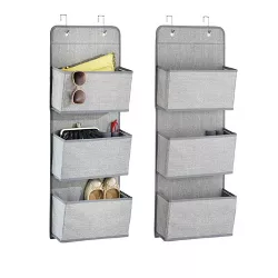mDesign Fabric Closet Hanging Organizers with 3 Pockets + Hooks, 2 Pack, Gray