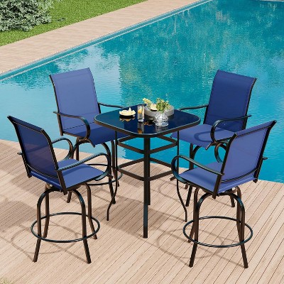 5PCs Outdoor High Top Swivel Bar Set with 4 Textile Chairs & Glass Top Table, Weather-Resistant Patio Bar Set for Deck & Backyard,Blue