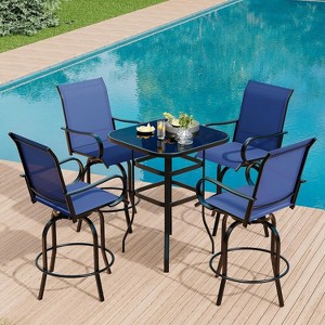 5PCs Outdoor High Top Swivel Bar Set with 4 Textile Chairs & Glass Top Table, Weather-Resistant Patio Bar Set for Deck & Backyard,Blue - 1 of 4