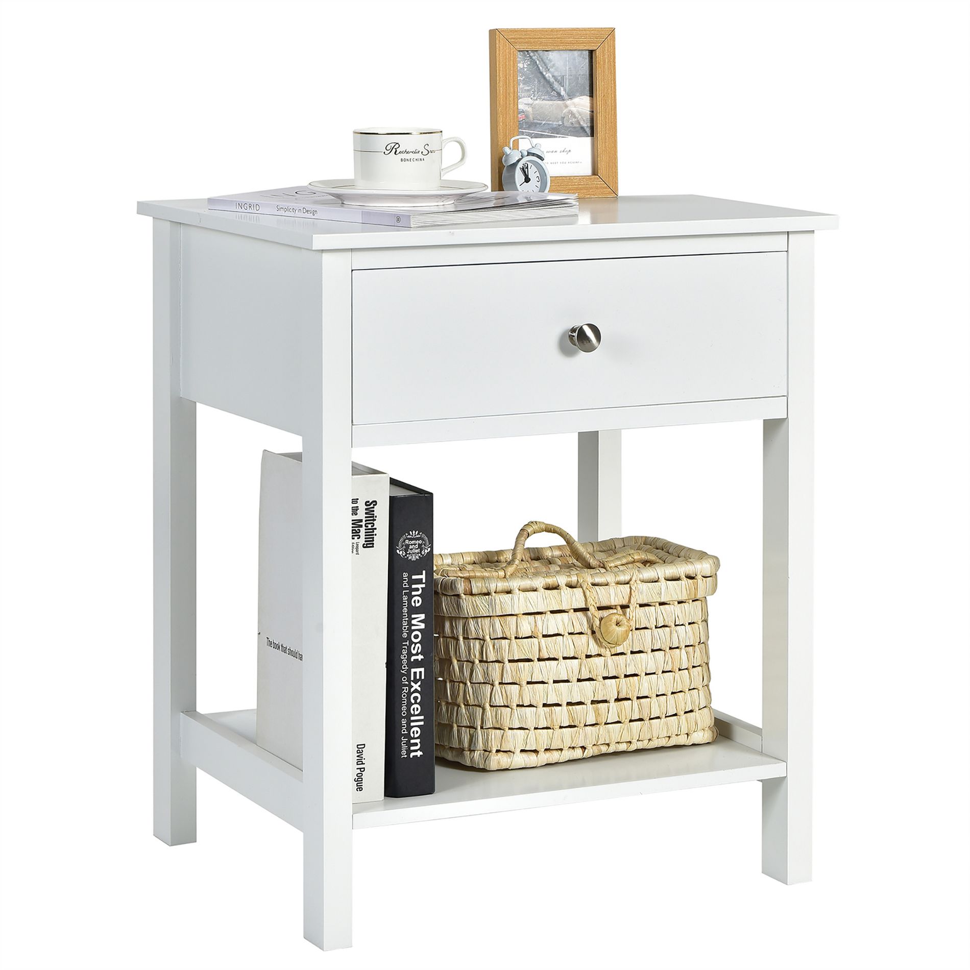 Costway Nightstand with Drawer Storage Shelf Wooden Bedside Sofa Side Table White