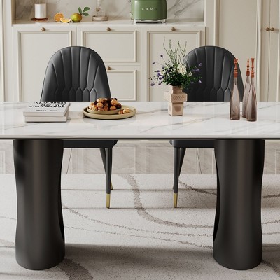 NicBex 70.87" Modern Rectangle Dining Table for 4-6 Seaters,Kitchen Table with Tempered Glass Tabletop and Steel Base for Kitchen,Black/White