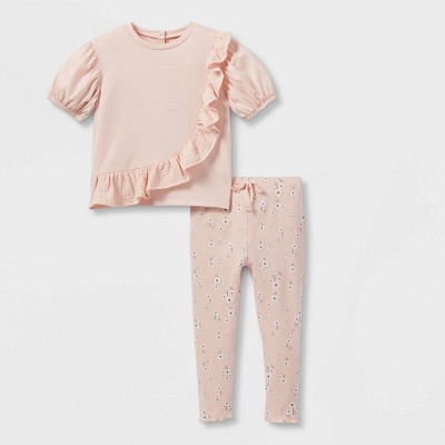 Grayson Collective Toddler Girls' Ruffle Short Sleeve T-Shirt & Ribbed Leggings Set - Pink