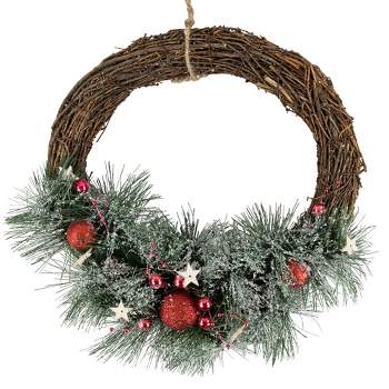 Northlight Red Ornaments, Pine Needle and Stars Frosted Christmas Wreath, 13.75-Inch