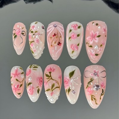 LOVELAY CREATIONS Pink Medium Almond Press-On Nails with Floral Rhinestones