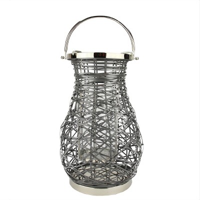 Northlight 16.25" Modern Gray Decorative Woven Iron Pillar Candle Lantern with Glass Hurricane