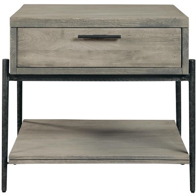 Transitional Brown Mango Wood and Iron End Table with Drawer