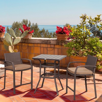 Mixed Brown Rattan Wicker Outdoor Bar Set with Wood Grain Top