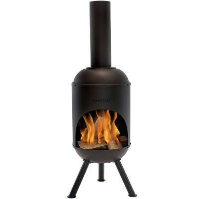 Sunnydaze Outdoor Backyard Patio Modern Steel Wood-Burning Fire Pit Chiminea with Wood Grate - 5' - Black