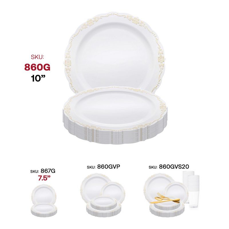 Smarty Had A Party 10" White with Gold Vintage Rim Round Disposable Plastic Dinner Plates (120 Plates), 5 of 7