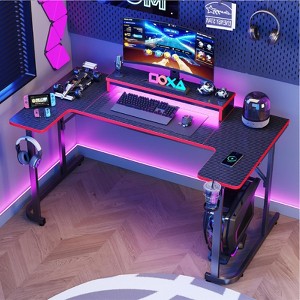 Bestier U-shaped Gaming Desk with Monitor Stand, LED Lights, Headphone Hooks, Cup Holder, Carbon Fiber Black - 1 of 4