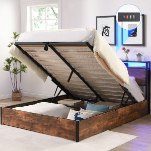 Kumasinova Lift-Up Storage Queen/Full Bed Frame,Queen/Full Size Bed Frame with Bookshelf Headboard,Platform Bed Frame with LED Lights,Rustic Brown - 1 of 4