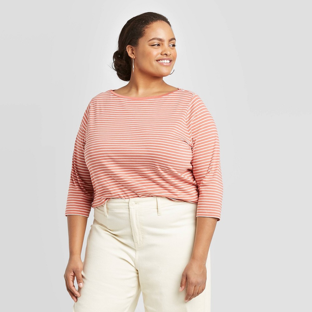 Women's Plus Size Striped 3/4 Sleeve Boat Neck T-Shirt - A New Day Red/Cream 1X, Women's, Size: 1XL was $12.99 now $9.09 (30.0% off)