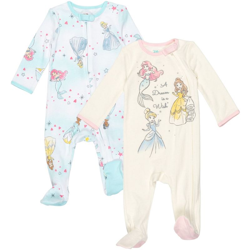 Disney Minnie Mouse Princess Classics Lion King Dumbo Belle Baby Girls 2 Pack Zip Up Sleep N' Plays Newborn to Infant, 1 of 8