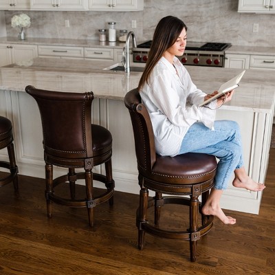 Walnut Swivel Counter Stool with Vegan Leather Upholstery, Set of 3