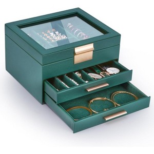 3-Layer Jewelry Box with Glass Lid & Drawers, Multi-Color Organizer for Necklaces, Rings & Earrings - 1 of 4