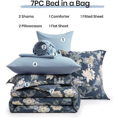 Der Rose BALHAM TRADE-Queen Comforter Set 7 Pieces Floral Antique Blue for All Seasons, Bed in a Bag Queen Rain Washed-Queen 90"x90" — фото 2
