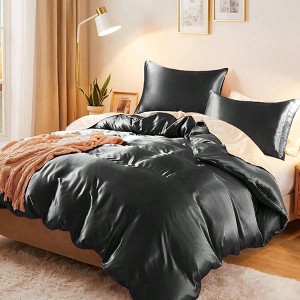 3 - Piece Silky Satin Duvet Cover Set, Full/Queen, Organic Black 400TC, Luxury Bedding with Zipper Closure - 1 of 4