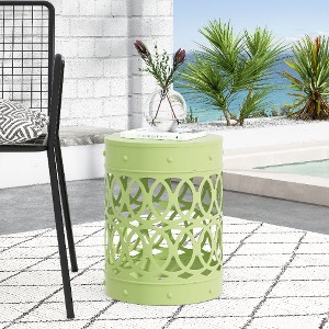 Iron Cut Design Outdoor End Tables, Modern Cylindrical Patio End Table, Outdoor Side Table with Overlapping Circle Pattern -Christopher Knight Home - 1 of 4
