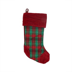 Northlight 19" Christmas Traditions Red, Green and Gold  Woven Plaid and Velvet Stocking - 1 of 2