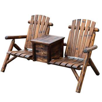 Outsunny Wooden Double Adirondack Chair Loveseat with Inset Ice Bucket, Table, Rustic Look, & Weather-Resistant Varnish