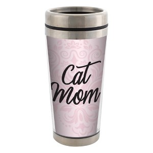 Cat with Bow Cat Mom Stainless Steel 16 oz Travel Mug with Lid - 1 of 2