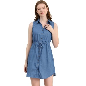 Allegra K Women's Collar Button Down Tie Waist Mini Chambray Shirt Dress - 1 of 4