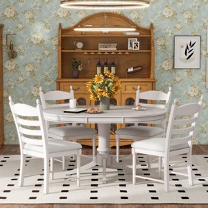 Retro Functional Dining Sets Round, Dining Sets 5 Piece, Dining Set Solid Wood With 4 Upholstered Chairs, Extendable Dining Table Set-Cuddlewood - 1 of 4