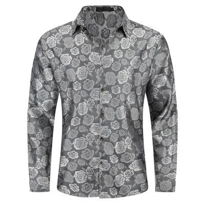 Cloudstyle Mens Floral Shirt Rose Printed Long Sleeve Dress Shirt Prom Wedding Button Down Shirt