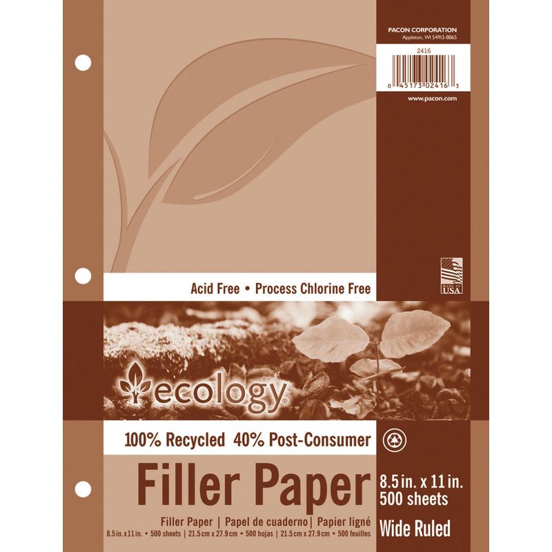 Ecology Recycled Filler Paper, 8-1/2 x 11 Inches, Wide Ruled, 500 Sheets, 1 of 5