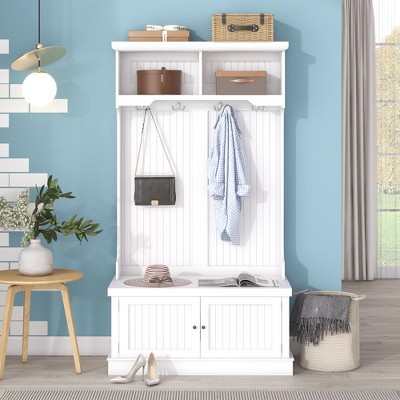 Modern Hall Tree With Storage Shoe Bench 4 Hooks Coat Racks Storage Cabinets Display Racks, Multi-functional Hall Tree