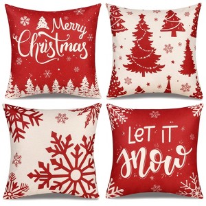 Christmas Pillow Covers 18x18 Set of 4 Red Plaid Throw Pillowcase Christmas Decorations Deer Snowflake - 1 of 3