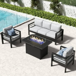 LayinSun Aluminum Furniture Set with Fire Pit Table, 4 Pieces Patio Sectional Conversation Chat Sofa Modern Seating Set - 1 of 4