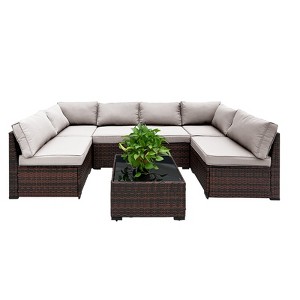 Yardgrace 7-Piece Modular All-Weather Rattan Sectional Set with Glass Table - 1 of 4