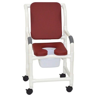 MJM International Corporation Shower Chair 18 In Internal Width 3 In Brown Front Seat Cushion Padded Back 10 Qt Slide Out Commode Pail 300 Lbs Wt