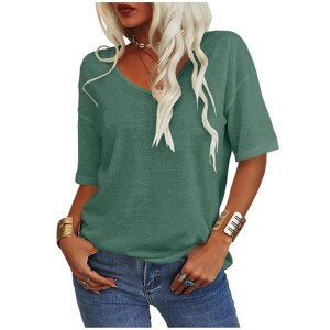 Imily Bela Women's Casual V Neck Half Sleeve Oversized T Shirt Solid Color Basic Top - 1 of 4