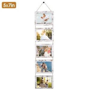 NewHome "5x7 Wall Hanging Collage Frame, Rustic Wood 5-Opening Photo Display, Vintage Style Wall Decor" White - 1 of 3