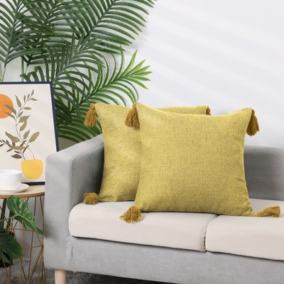Yellow Linen Fringe Pillow Covers with Tassel Design, 18" x 18", Set of 2