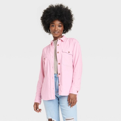 Women's Oversized Corduroy Long Sleeve Collared Button-Down Shirt -  Universal Thread™ Pink M