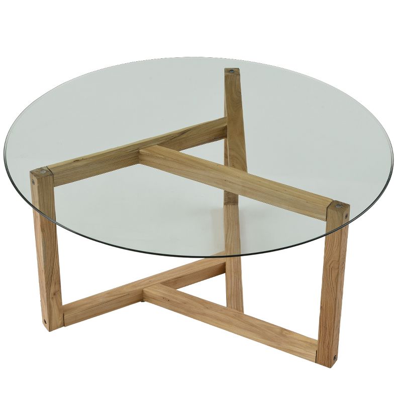 Modern Round Coffee Table Cocktail Table with Tempered Glass Top & Sturdy Wood Base-ModernLuxe, 5 of 9