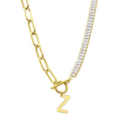 Adornia 14k Gold Plated Half Crystal And Half Paperclip Initial Toggle Necklace