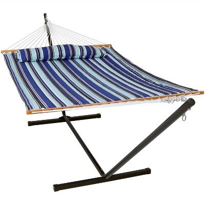 Sunnydaze Outdoor 2-Person Double Polyester Quilted Hammock with Wood Spreader Bar and 12ft Black Steel Stand - Catalina Beach