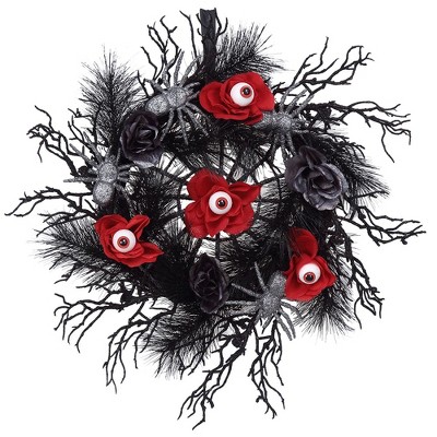 Halloween Wreath, 18 Inch Front Door Halloween Decorations Black Wreath with Spiders Roses Eyeballs
