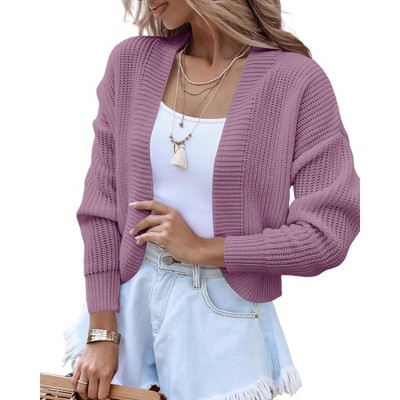 BLUEMING Womens Open Front Knit Cropped Cardigans Sweater Lantern Long Sleeve Fall Casual Shrugs Sweater